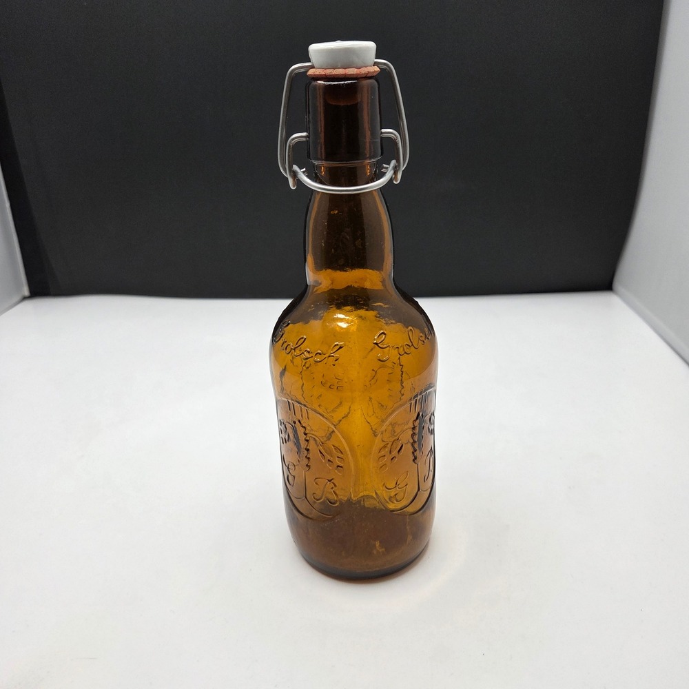 Grolsch Beer Bottle Vintage Amber Glass Swing Top Porcelain Cap 16oz Brown G7